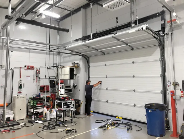 Gainesville Garage Door Repair certified technician performing commercial door repair at a Gainesville business facility