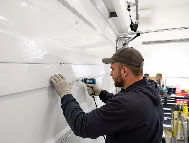 Gainesville Garage Door Repair technician demonstrating precision dent removal techniques on a Gainesville garage door