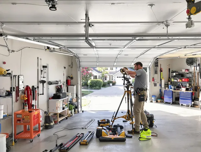 Gainesville Garage Door Repair specialist performing laser-guided track alignment in Gainesville